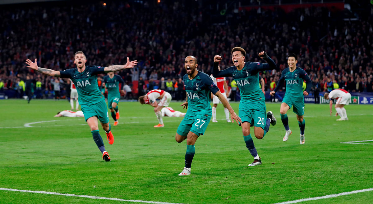 Tottenham`s Lucas Moura celebrates scoring their third goal to complete his hat-trick with Dele Alli, Toby Alderweireld and Son Heung-min in Champions League semi-final second leg against Ajax Amsterdam at Johan Cruijff Arena, Amsterdam, Netherlands on 8 May 2019. Photo: Reuters
