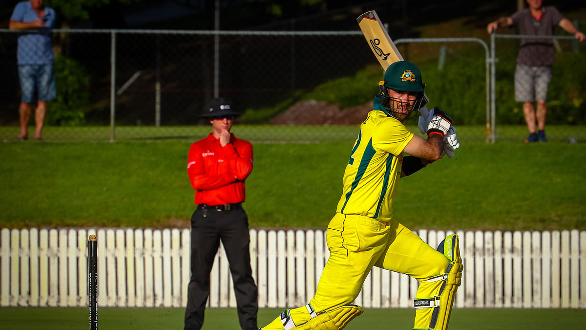 Australia`s Glenn Maxwell plays a shot during a World Cup cricket warm-up match between Australia and New Zealand in Brisbane on 10 May 2019. Photo: AFP