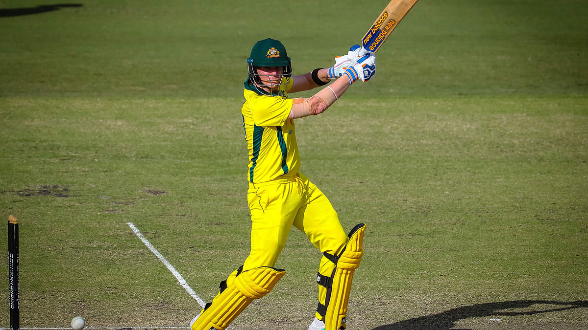 Australia`s Steve Smith plays a shot during a World Cup cricket warm-up match between Australia and New Zealand in Brisbane on 10 May 2019. Photo: AFP