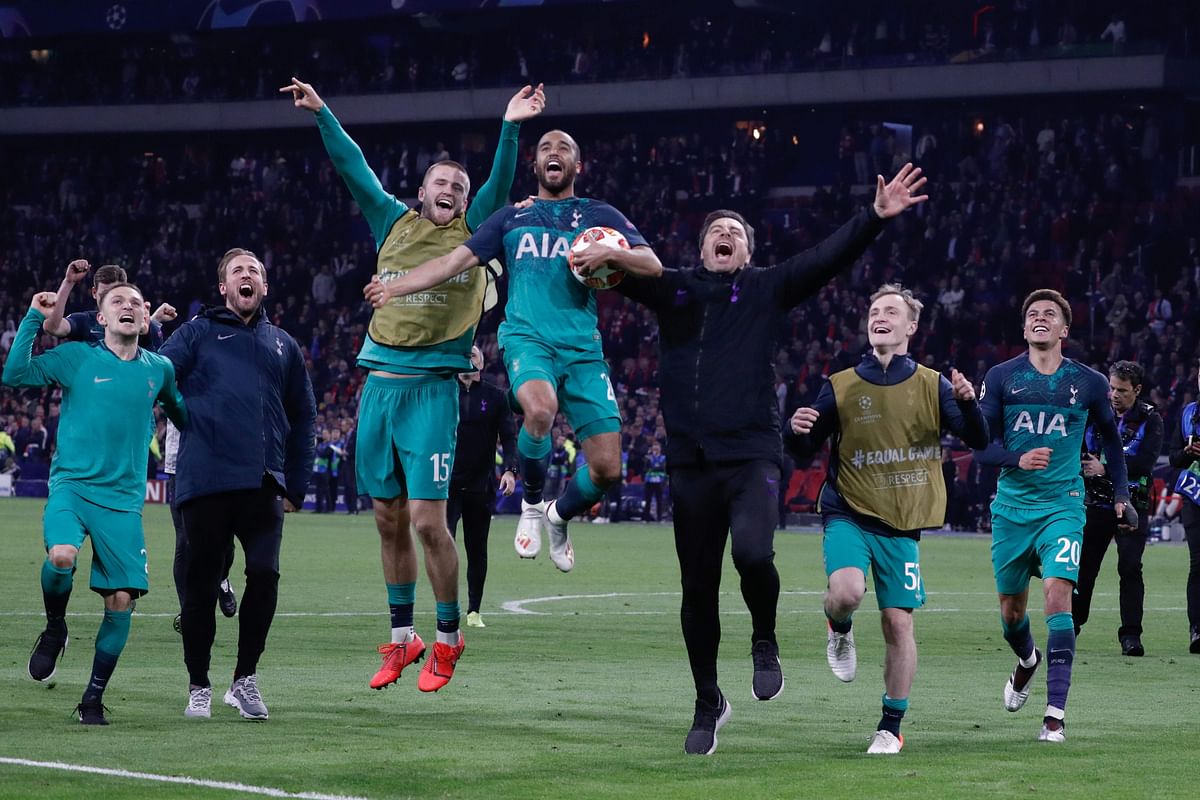 Tottenham celebrates their victory against Ajax Amsterdam at the end of the UEFA Champions League semi-final second leg football match on 8 May, 2019. Photo: AFP