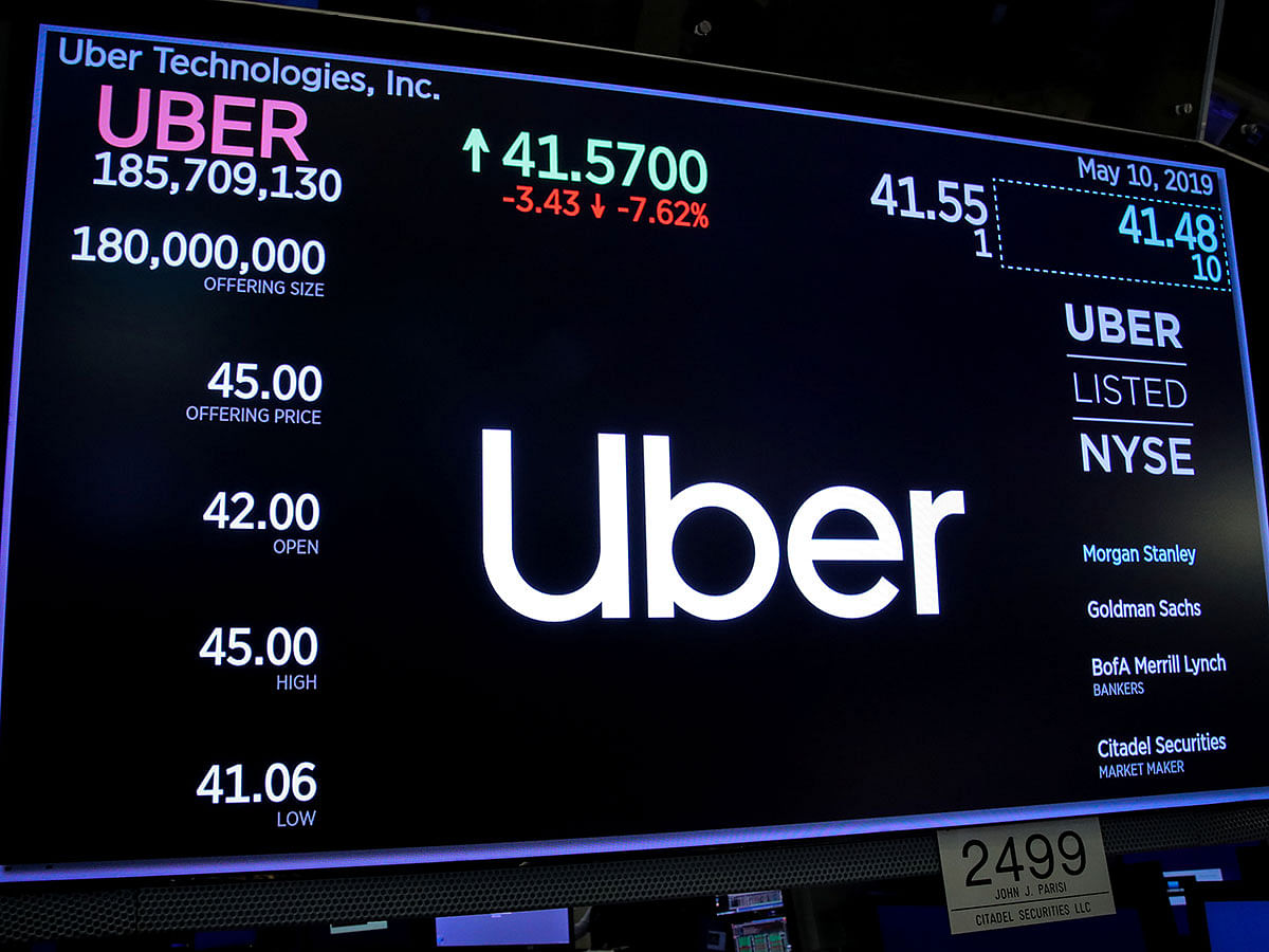 A screen displays the company logo and the trading information for Uber Technologies Inc. after the closing bell on the day of its IPO at the New York Stock Exchange (NYSE) in New York, US, on 10 May 2019. Photo: Reuters