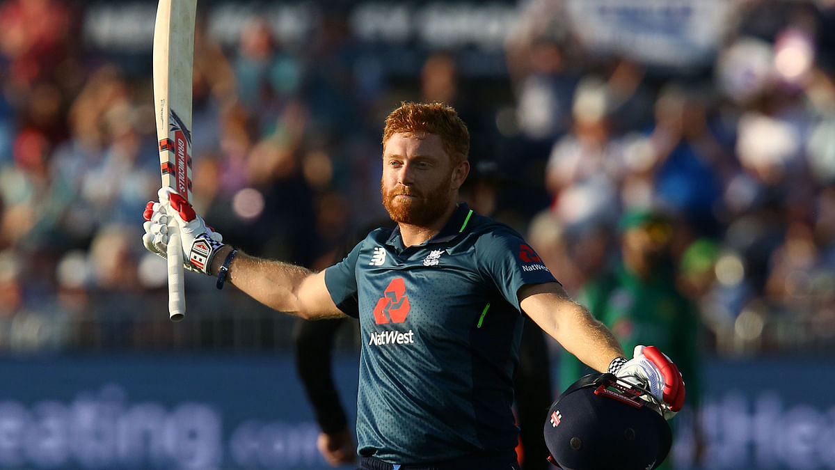 England`s Jonny Bairstow celebrates his century during the third One Day International (ODI) cricket match between England and Pakistan at The Bristol County Ground in Bristol on 14 May 2019. Photo: AFP