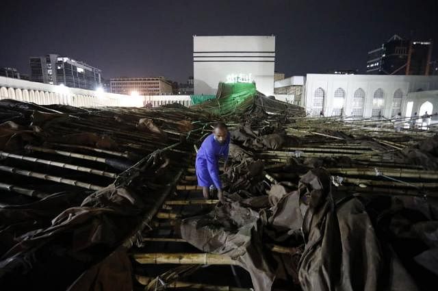 A pandal collapse at Baitul Mukarram National Mosque on Friday evening during a storm. Photo: Dipu Malakar.