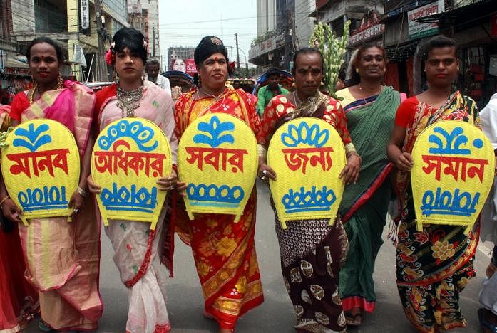 A rally demands equal rights for trans-gender community at Station Road in Mymensingh. Photo: Anwar Hossain.