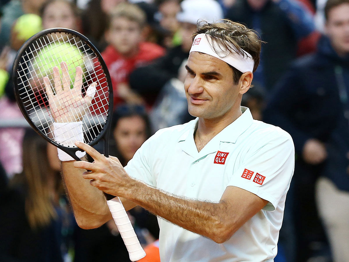 Switzerland`s Roger Federer celebrates after winning his third round match against Croatia`s Borna Coric in Italian Open at Foro Italico, Rome, Italy on 16 May 2019. Photo: Reuters
