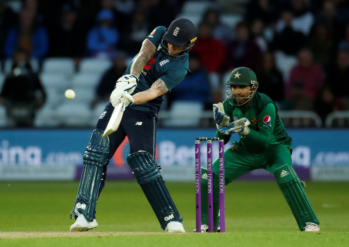 England`s Ben Stokes hits a six in fourth One Day International v Pakistan at Trent Bridge, Nottingham, Britain on 17 May 2019. Photo: Reuters