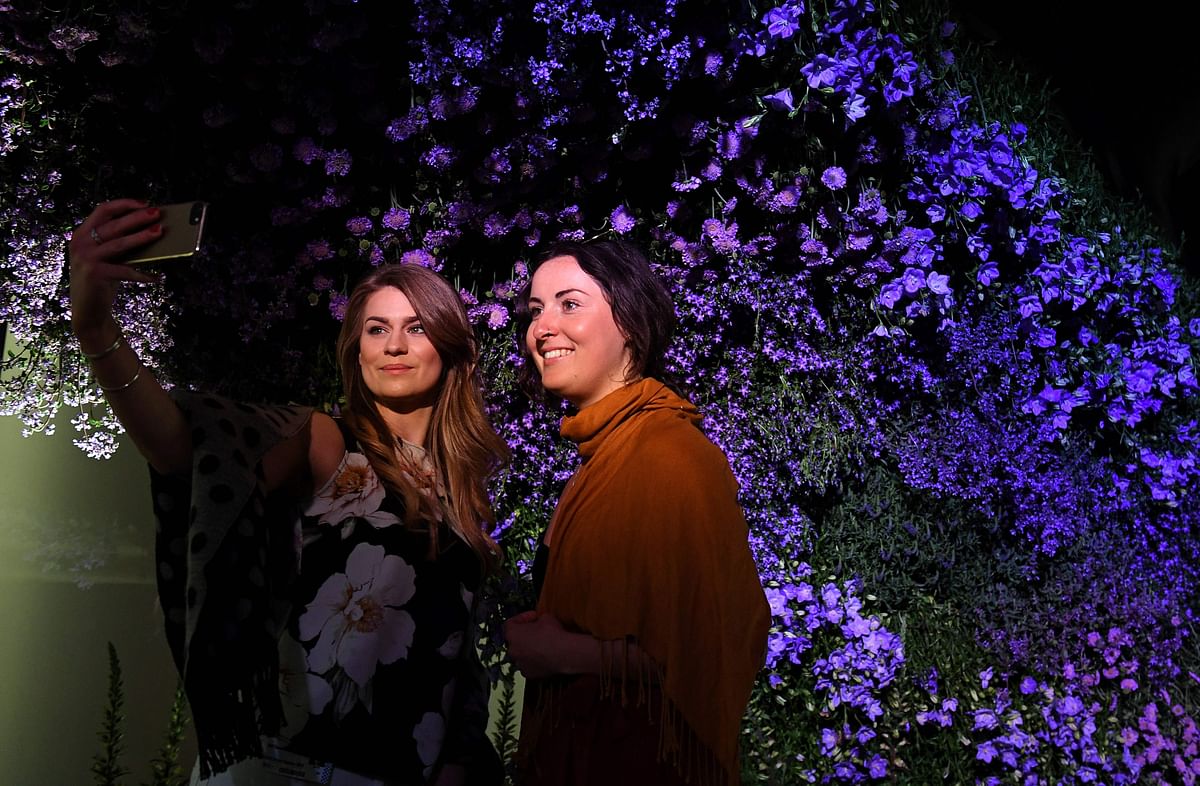 Visitors take a selfie photograph in front of a display of flowers during a visit to the 2019 RHS Chelsea Flower Show in London on 20 May, 2019. Photo: AFP