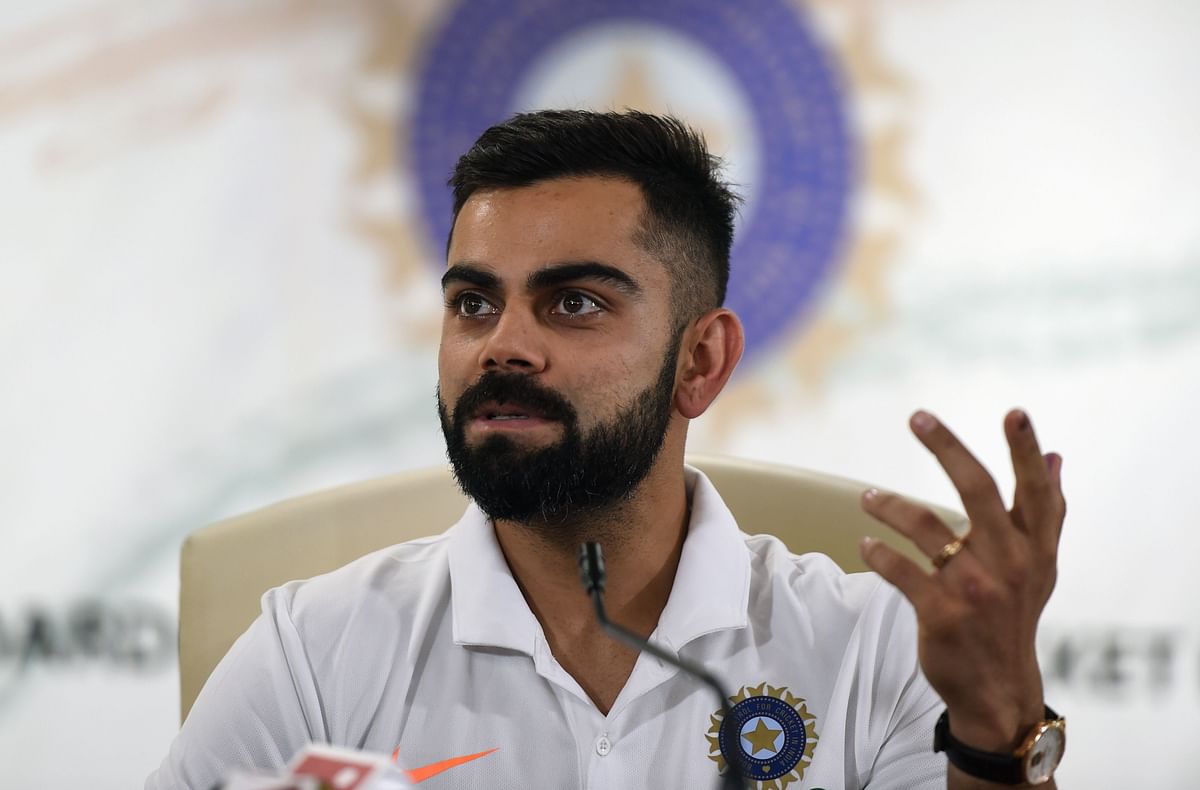 Indian cricket team captain Virat Kohli gestures as he speaks during a press conference at the Board of Control for Cricket in India (BCCI) head office in Mumbai on 21 May 2019, ahead of the team’s departure for England to play in the 2019 ICC Cricket World Cup. Photo: AFP