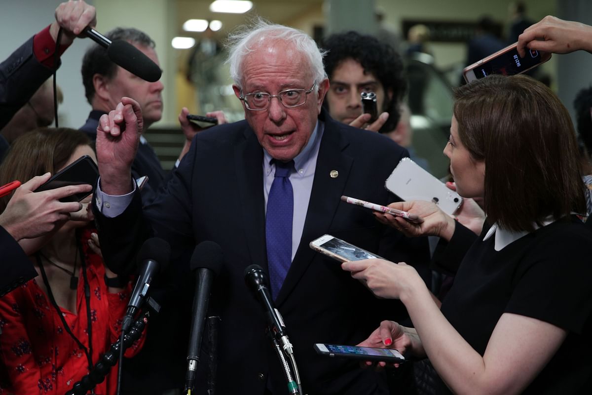 US senator Bernie Sanders (I-VT) speaks to members of the media after a closed briefing for Senate members on 21 May on Capitol Hill in Washington, DC with Secretary of State Mike Pompeo, acting defence secretary Patrick Shanahan and Chairman of Joint Chiefs of Staff Joseph Dunford briefed Congressional members on Iran. Photo: AFP