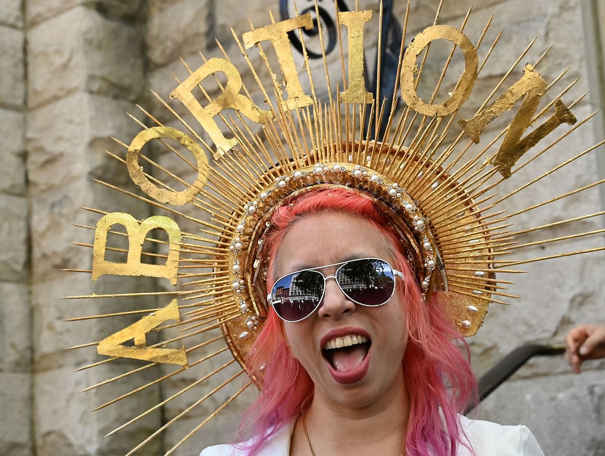 Viva Ruiz from `Thank God For Abortion` takes part in an abortion rights rally in front of the Middle Collegiate Church in the East Village of New York on 21 May  2019. Photo: AFP