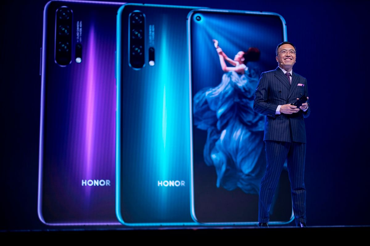 President of Honor, a sub-brand of Chinese telecommunications company Huawei, George Zhao, gives a keynote speech at an event to launch the Honor 20 Series smartphones at Battersea Evolution in London on 21 May 2019. Photo: AFP