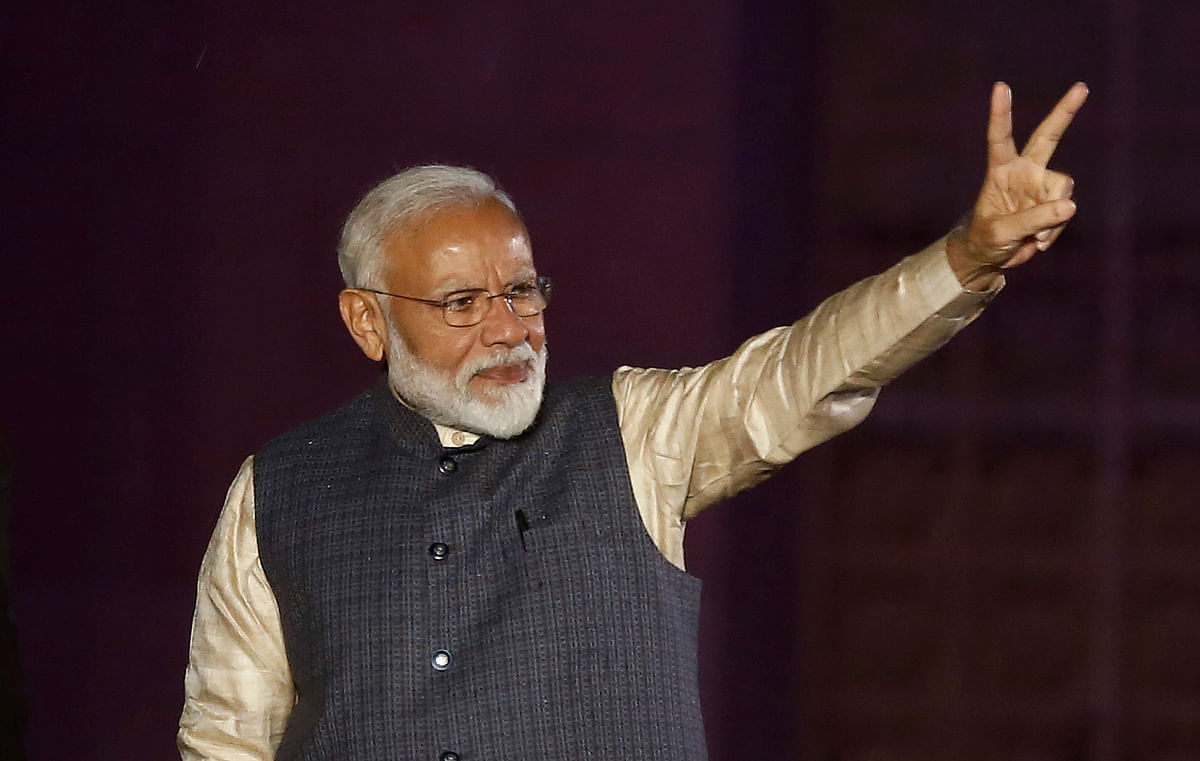 Indian prime minister Narendra Modi gestures towards his supporters after the election results at Bharatiya Janata Party (BJP) headquarter in New Delhi, India, 23 May, 2019. Photo: Reuters