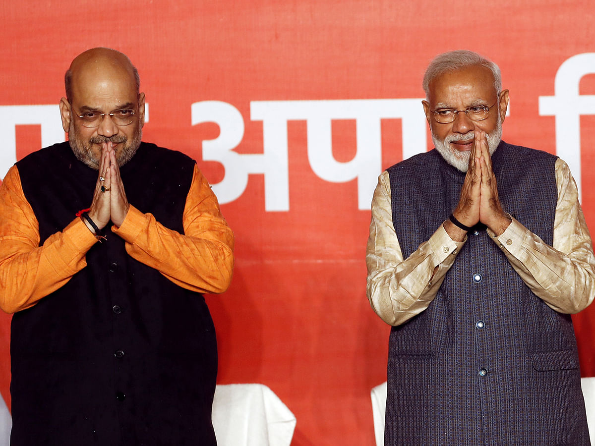 BJP President Amit Shah and Indian Prime Minister Narendra Modi gesture after the election results in New Delhi, India, on 23 May 2019. Photo: Reuters