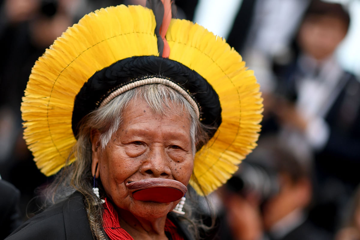 Chief Raoni Metuktire arrives for the screening of the film `Sibyl` at the 72nd edition of the Cannes Film Festival in Cannes, southern France, on 24 May 2019. Photo: AFP