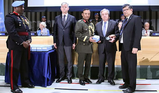 The United Nations (UN) awarded ‘Dag Hammarskjold Medal’ to 119 fallen peacekeepers, including 12 Bangladeshis, from 27 member states to honour their supreme sacrifice. Photo: BSS