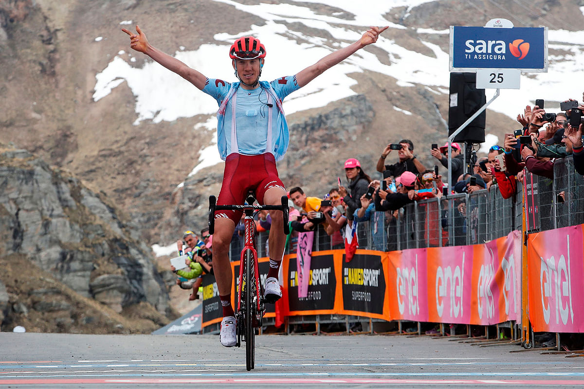 Team Katusha rider Russia`s Ilnur Zakarin reacts as he crosses the finish line to win stage thirteen of the 102nd Giro d`Italia - Tour of Italy - cycle race, 196kms from Pinerolo to Ceresole Reale (Lago Serru) on 24 May 2019 at SerrùLake, Piedmont, Italy. Photo: AFP