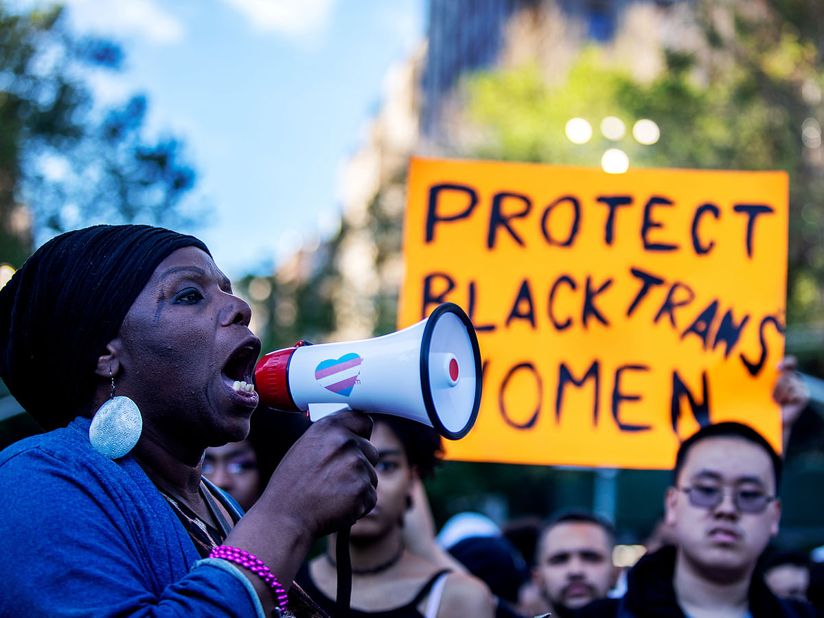Transgender rights activists protest the recent killings of three transgender women, Muhlaysia Booker, Claire Legato, and Michelle Washington, during a rally at Washington Square Park in New York, US on 24 May. Photo: AFP