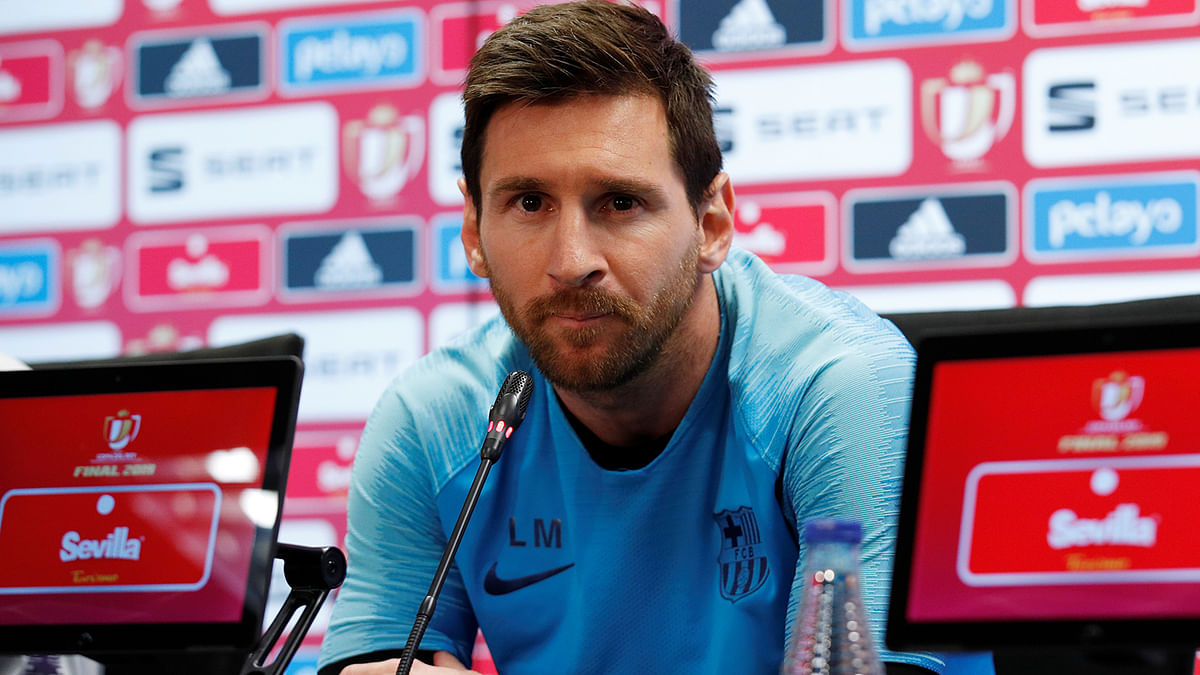 Barcelona`s Lionel Messi during the press conference at Ciutat Esportiva Joan Gamper, Barcelona, Spain on 24 May 2019. Photo: Reuters