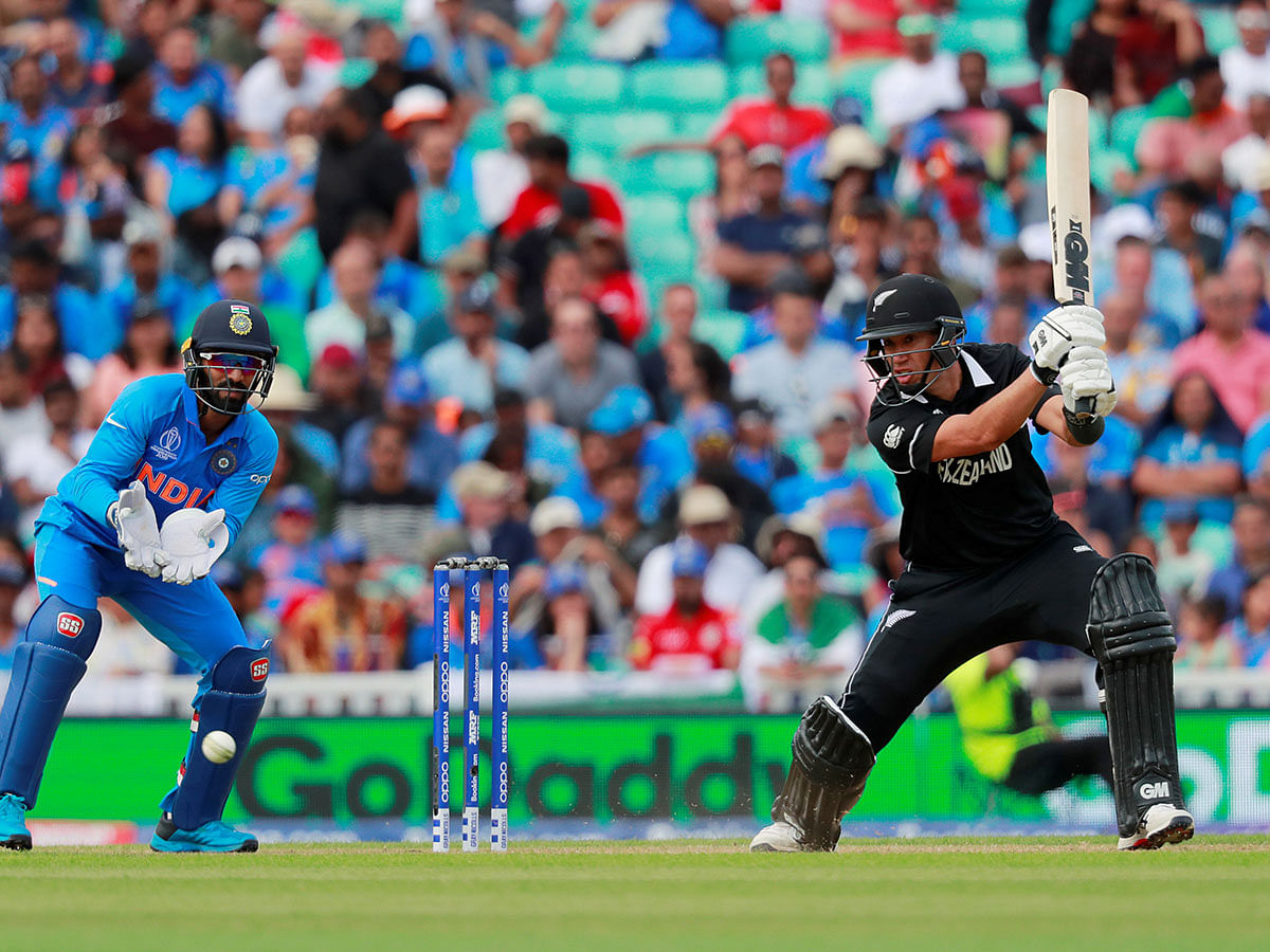 New Zealand`s Ross Taylor plays a shot in ICC Cricket World Cup Warm-Up Match against India at Kia Oval, London, Britain on 25 May 2019. Photo: Reuters