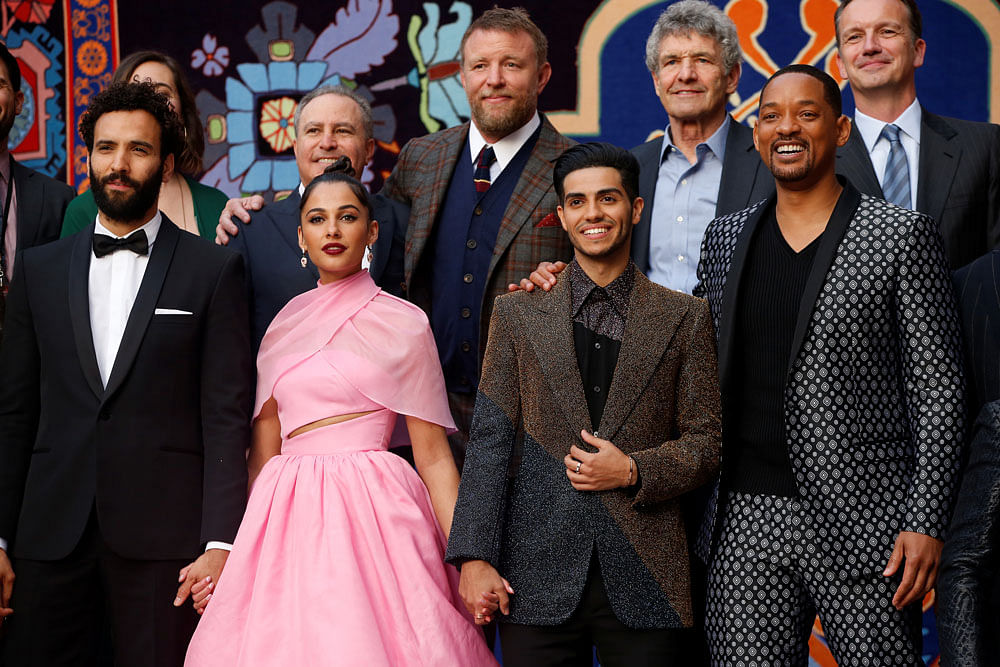 Cast members Marwan Kenzari, Naomi Scott, Mena Massoud and Will Smith (front L-R) attend the premiere of `Aladdin` at El Capitan theatre in Los Angeles, California, US on 21 May, 2019. Photo: Reuters
