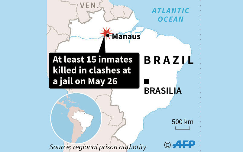 Map of Brazil locating a jail some 28 km from the Amazonas state capital of Manaus, where 15 inmates were killed in clashes on Sunday. Photo: AFP