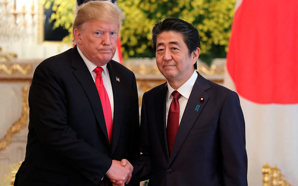 US president Donald Trump meets with Japanese Prime Minister Shinzo Abe at Akasaka Palace, Japanese state guest house in Tokyo on 27 May. Photo: Reuters