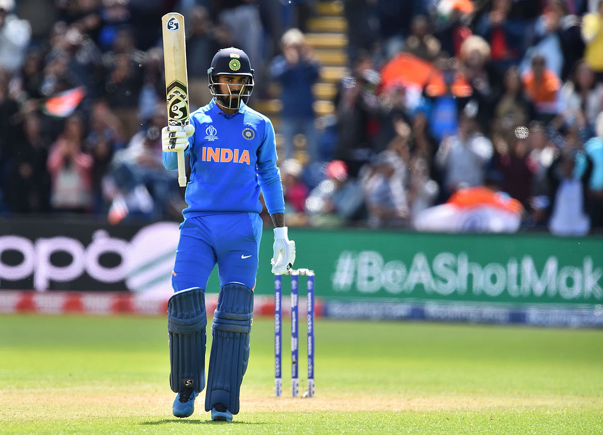 India`s KL Rahul celebrates reaching his century during the 2019 Cricket World Cup warm up match between Bangladesh v India at Sophia Gardens stadium in Cardiff, south Wales, on 28 May 2019. Photo: AFP