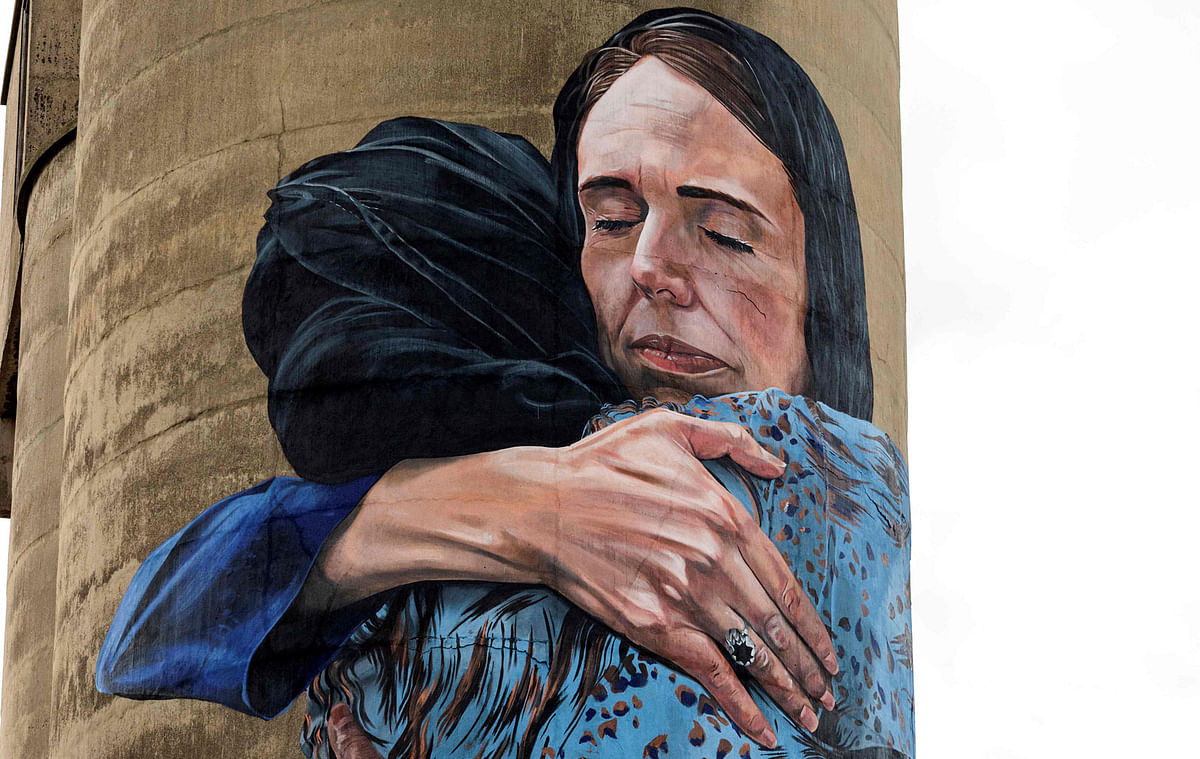 his picture taken on 28 May 2019 shows a mural of New Zealand prime minister Jacinda Ardern seen on a silo in the suburb of Brunswick in Melbourne. Photo: AFP