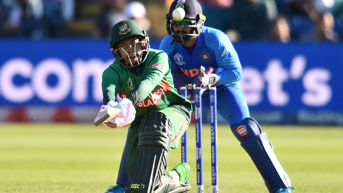 Bangladesh`s Mushfiqur Rahim hits a six during the 2019 Cricket World Cup warm up match between Bangladesh v India at Sophia Gardens stadium in Cardiff, south Wales, on 28 May 2019. AFP
