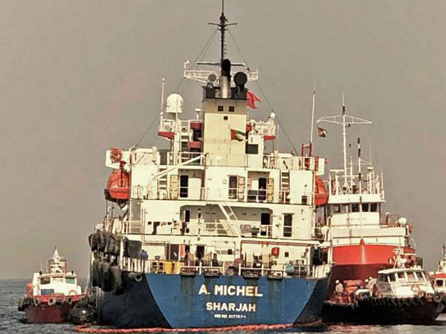 A picture taken on 13 May 2019 off the coast of the Gulf emirate of Fujairah shows the A. Michel tanker under the flag of the United Arab Emirates, one of the four tankers damaged in alleged `sabotage attacks` in the Gulf the previous day. Photo: AFP