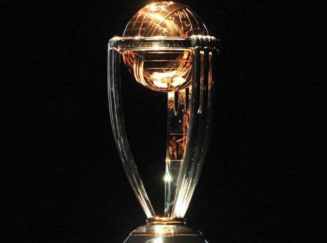 ICC Cricket World Cup trophy stands on display at the official launch. Photo: AFP