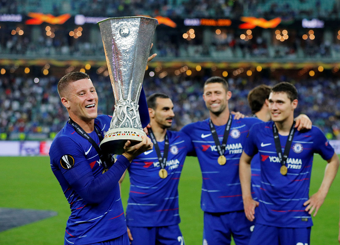 Chelsea`s Ross Barkley celebrates winning the Europa League with the trophy at Baku Olympic Stadium, Baku, Azerbaijan on 29 May 2019. Photo: Reuters