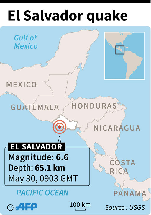 Map locating a 6.6-magnitude quake in El Salvador, 30 May, 2019. Illustration: AFP