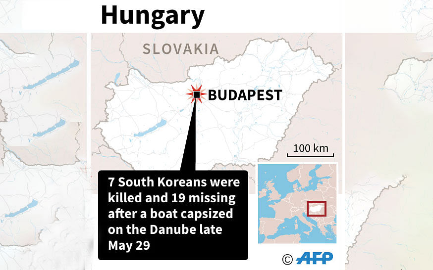 Map locating Budapest where seven South Korean were killed after a boat capsized on the Danube late Wednesday. Photo: AFP