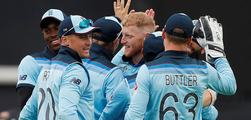 England`s Ben Stokes celebrates with team mates during the ICC Cricket World Cup match in Kia Oval, London, Britain on 30 May, 2019