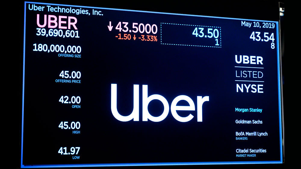 In this file photo taken on 10 May 2019 a screen shows the numbers of Uber during the ride sharing companie`s IPO at the New York Stock Exchange (NYSE) on Wall Street in New York City. Photo: AFP