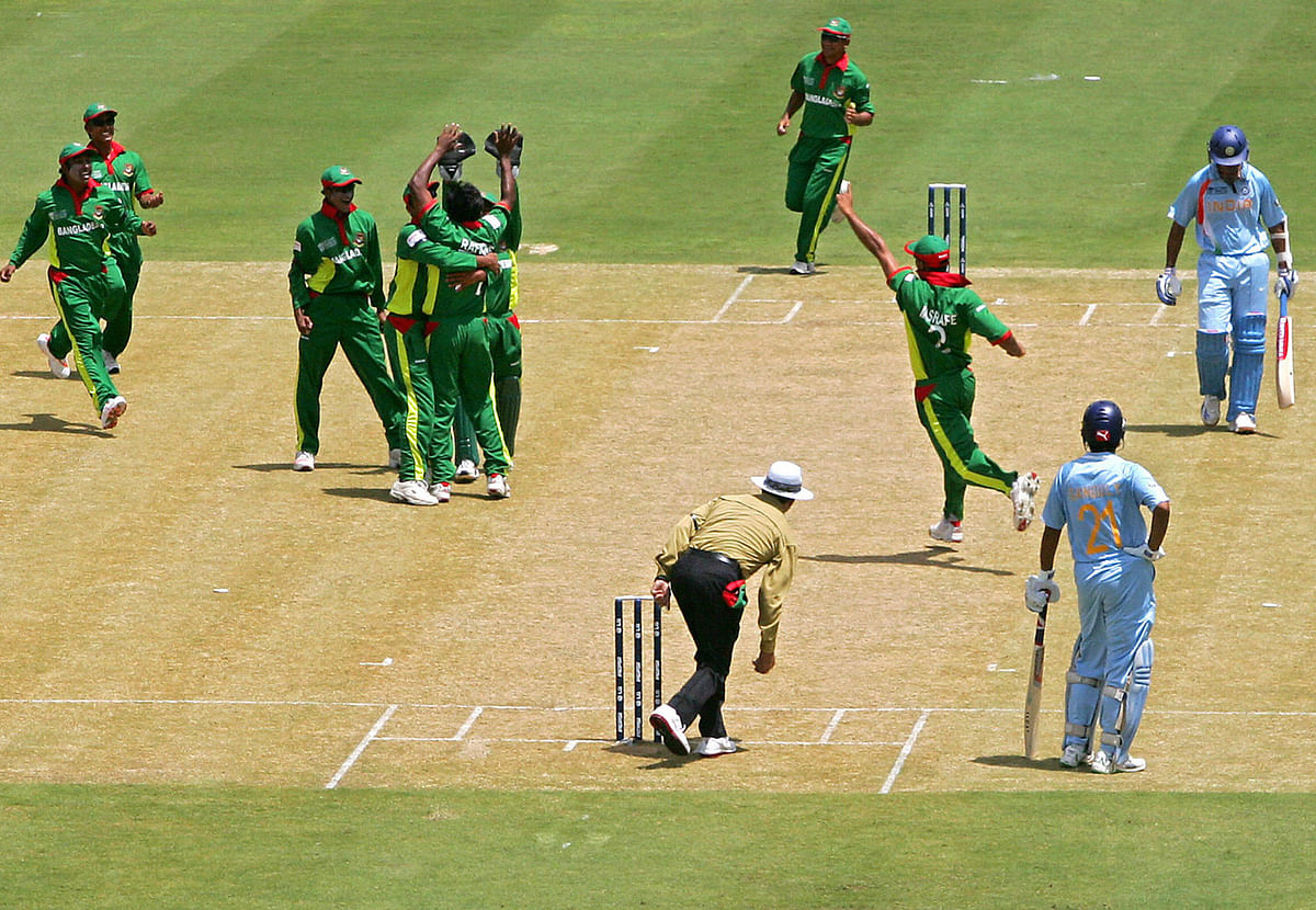 Bangladesh players celebrate an Indian wicket in the 2007 World Cup. Photo: AFP
