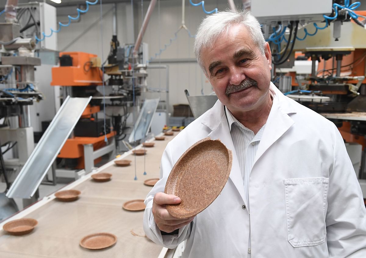 Polish inventor and entrepreneur Jerzy Wysocki holds a wheat bran plate in his factory Biotrem in Zambrow, Poland, on 29 May 2019. Photo: AFP