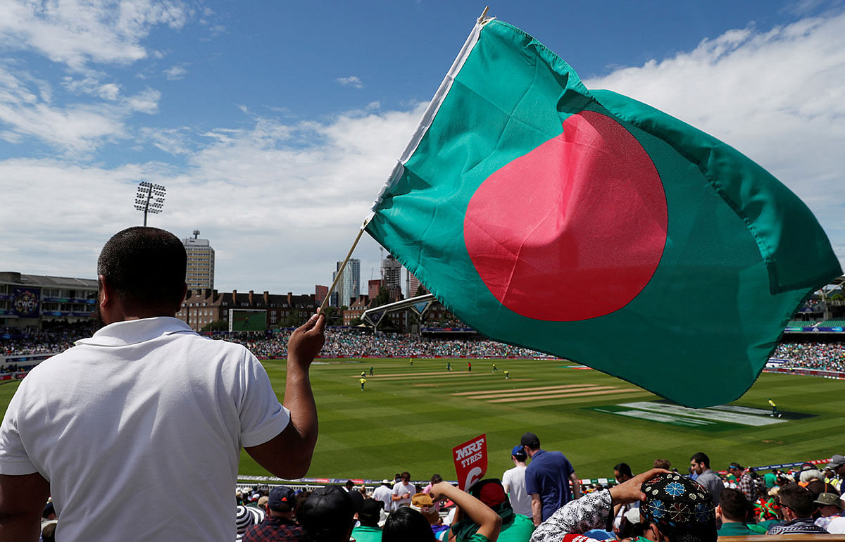 Bangladesh fan waves a flag in the stands during the match between South Africa v Bangladesh in the ICC Cricket World Cup at Kia Oval, London, Britain on 2 June 2019. Photo: Reuters