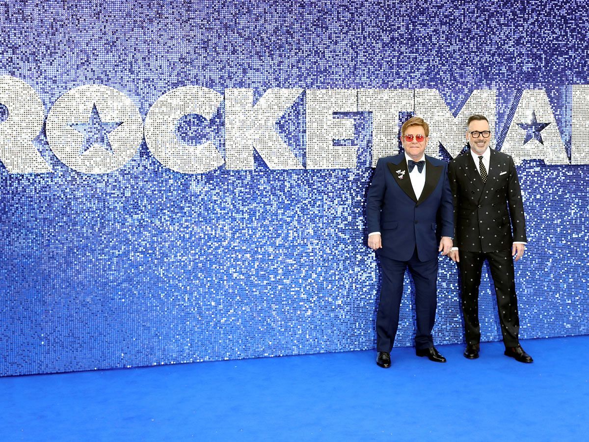 Elton John and his husband David Furnish attend the UK premiere of the Elton John biopic `Rocketman` in London, Britain, 20 May, 2019. Photo: Reuters