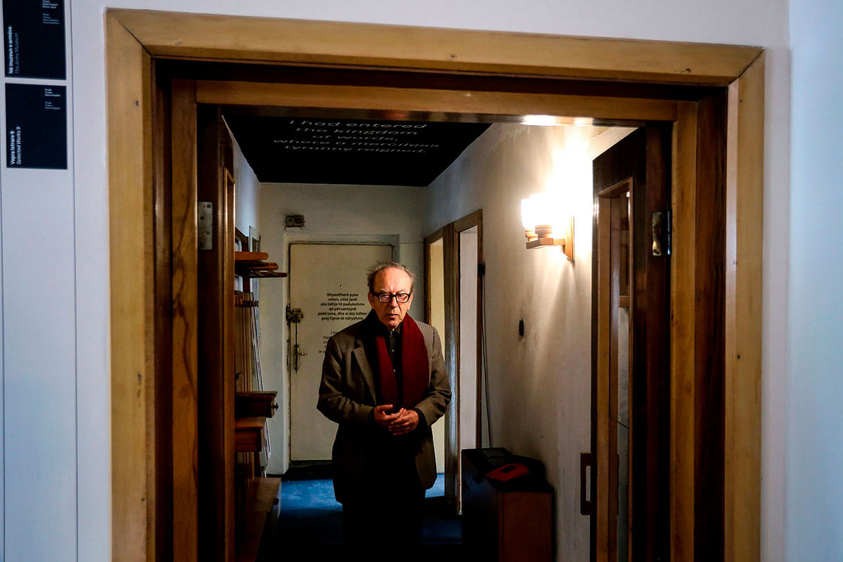 Renowned Albanian novelist Ismail Kadare visits his apartment in Tirana on 28 May. Photo: AFP