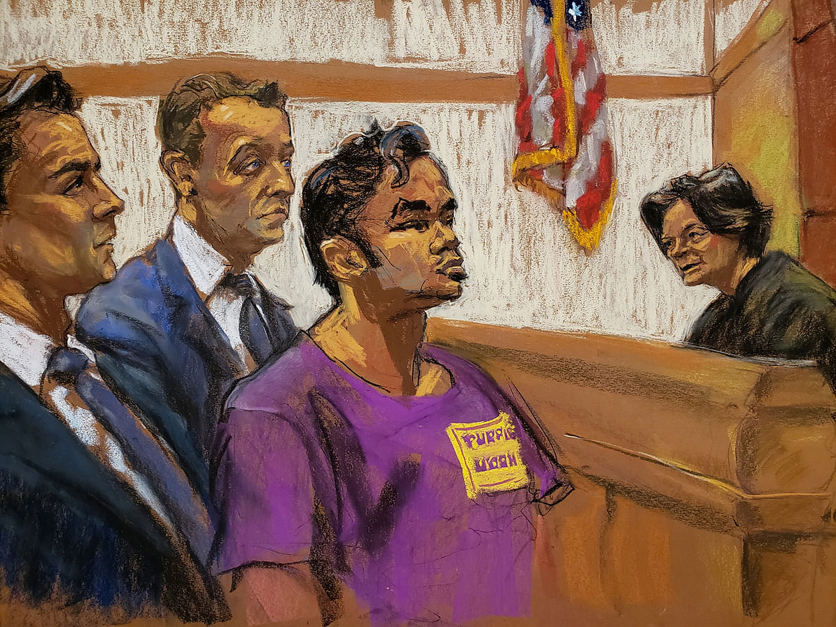 Ashiqul Alam, (middle), appears before judge Cheryl Pollak (R) in US District Court along with lawyer James Darrow and Assistant US attorney Jonathan Alger (L) in connection with a planned attack on Times Square in this court sketch in New York City, US on 7 June, 2019. Photo: Reuters