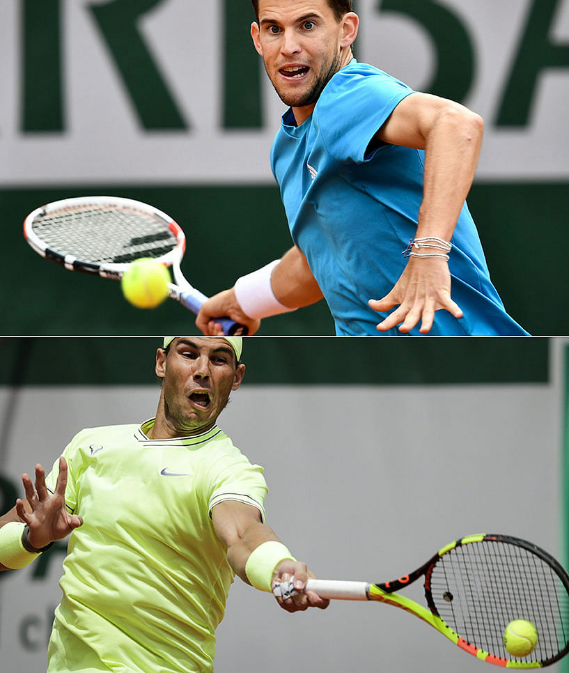 This combination of file pictures created on 8 June 2019 shows Austria`s Dominic Thiem (up) during his men`s singles semi-final match on day 13 of The Roland Garros 2019 French Open tennis tournament in Paris on 7 June 2019, Spain`s Rafael Nadal (down) during his men`s singles first round match on day two of The Roland Garros 2019 French Open tennis tournament in Paris on 27 May 2019. Photo: AFP