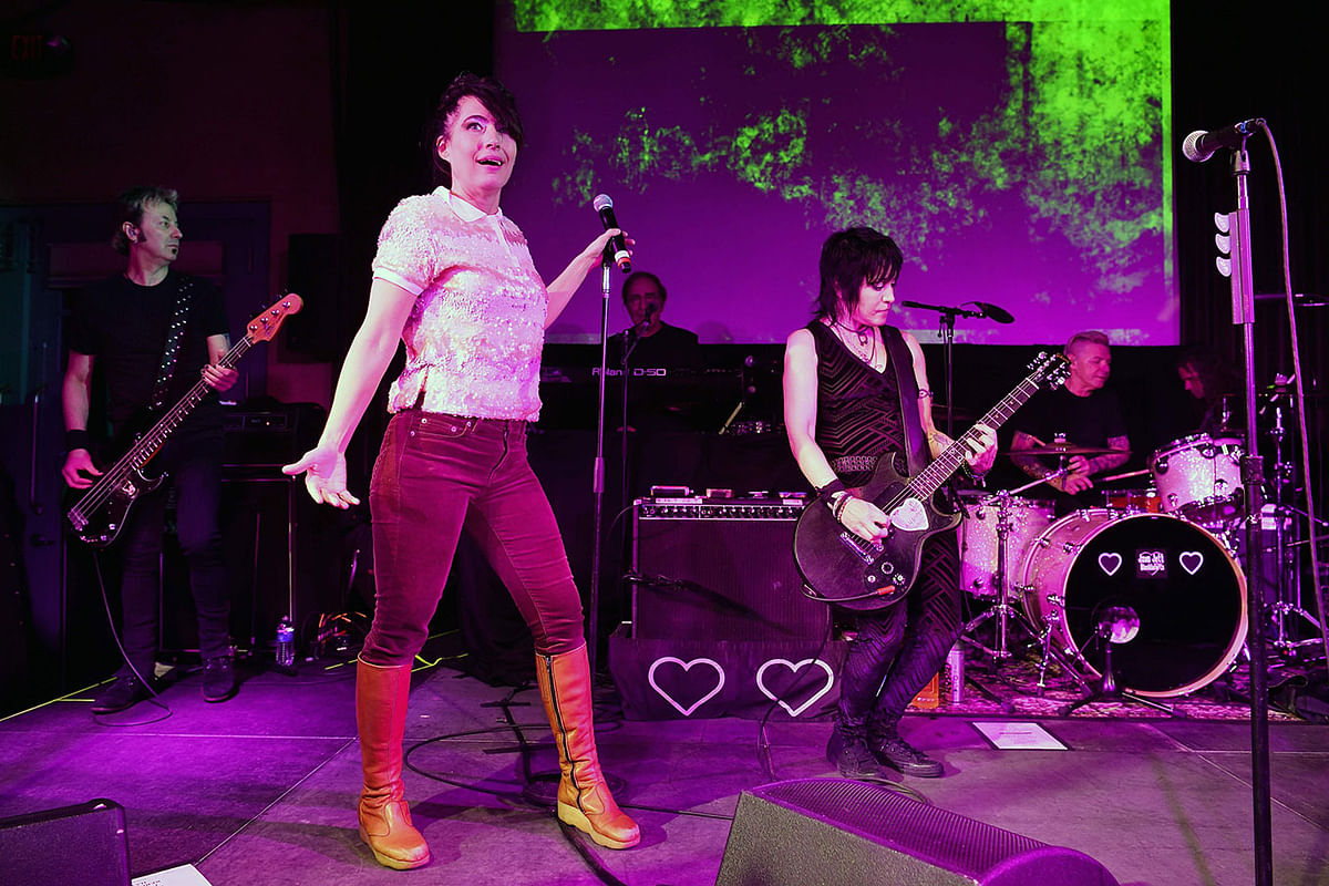In this file photo taken on 20 January, Kathleen Hanna (L) and Joan Jett perform at the Celebration Of Music And Film during 2018 Sundance Film Festival at The Shop in Park City, Utah. Photo: AFP