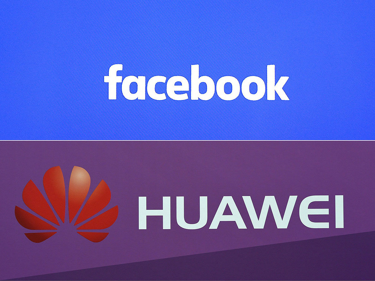 This combination of file pictures created on 5 June 2018 shows a Facebook logo on 10 October 2016 and the logo of Chinese electronics firm Huawei on 3 November 2016. Photo: AFP