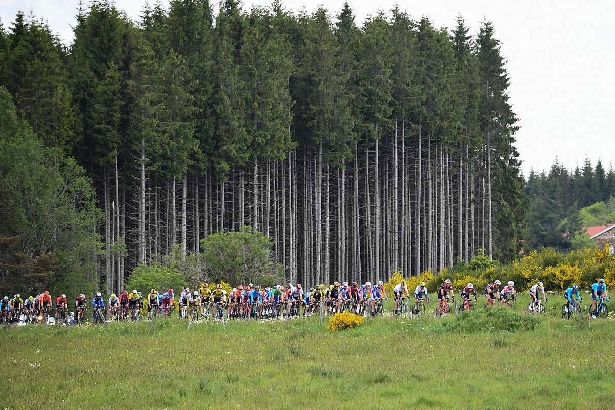The pack rides during the second stage of the 71st edition of the Criterium du Dauphine cycling race, 180 km between Mauriac and Craponne-sur-Arzon on 10 June 2019. Photo: AFP