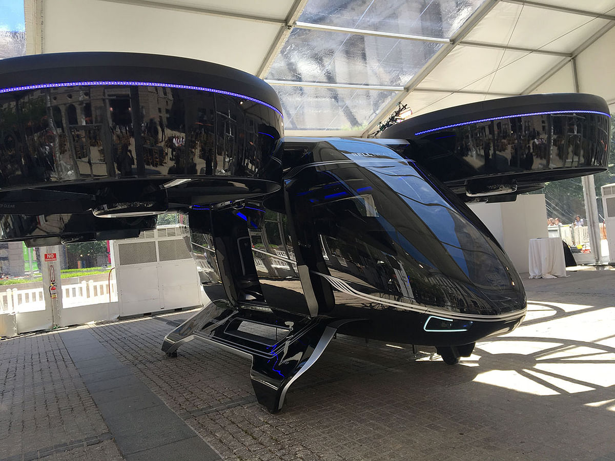 The Bell Nexus concept “flying car” is shown at the Uber Elevate summit in Washington, DC on 11 June 2019, one of several that will make up a fleet of electric aircraft Uber expects to deploy by 2023. Photo: AFP