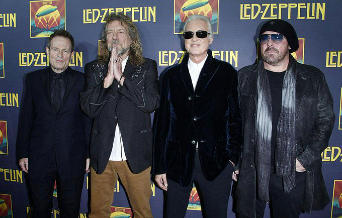 Members of British rock band Led Zeppelin (L-R) bass player John Paul Jones, lead singer Robert Plant, guitarist Jimmy Page and drummer Jason Bonham, who replaces the band`s original drummer his father John Bonham, arrive for the premiere of their film `Celebration Day`, in New York on 9 October, 2012. Photo: Reuters