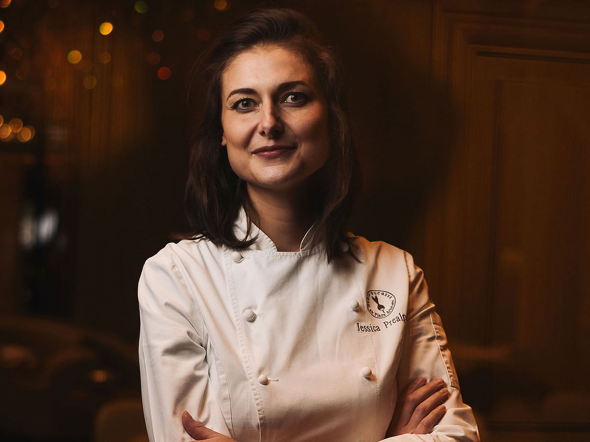 French pastry chief Jessica Prealpato of the Plaza Athenee hotel poses for a portrait in Paris on 6 June 2019. Photo: AFP