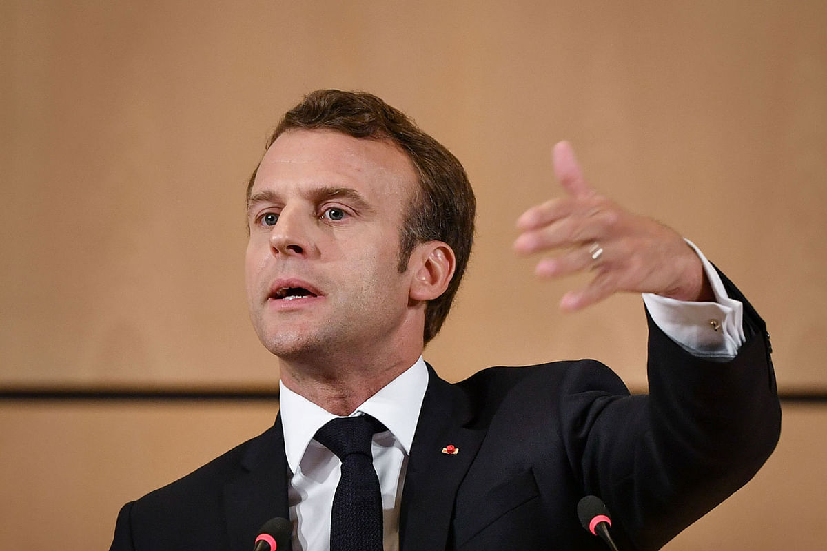 French President Emmanuel Macron delivers a speech at the ILO International Labour Conference on 11 June 2019 in Geneva. Photo: AFP